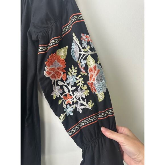 Free People Dress M Fleur Du Jour Black Embroidered Off Shoulder Mini Boho C16 - Picture 5 of 9